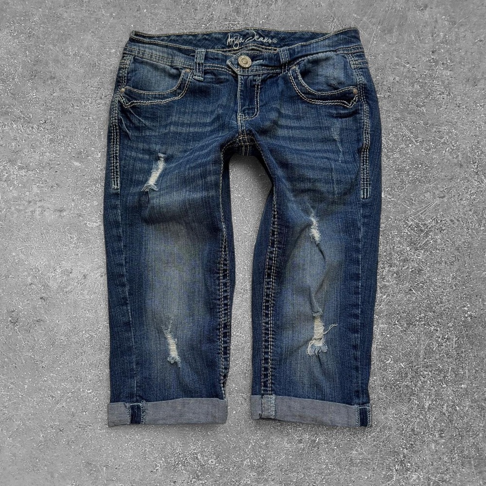Ariya Jeans Womens Blue Distressed Capri Jeans Y2K Embroidered Pockets Size 7/8